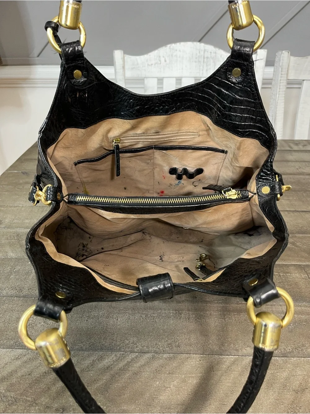 *BRAHMIN* Black Elisa Melbourne Croc-Embossed Leather Satchel Shoulder Bag